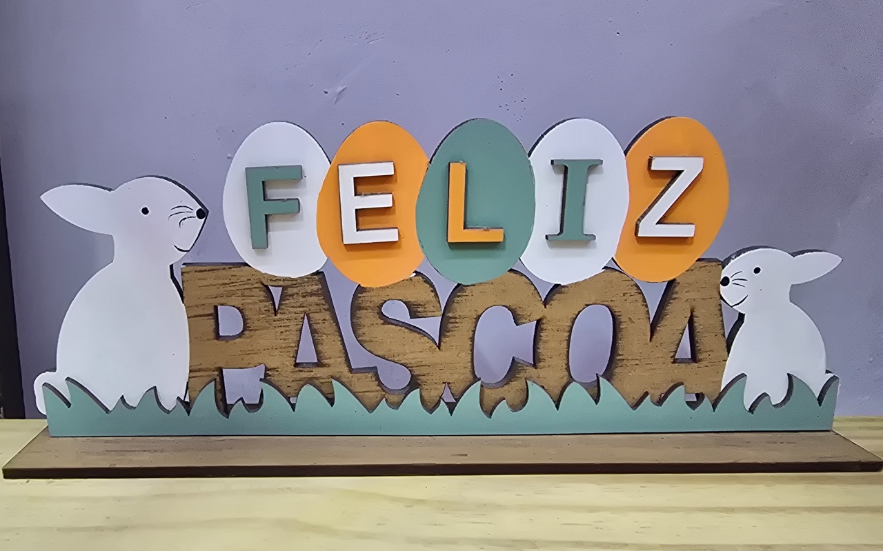 Display 3D Placa Feliz Páscoa - Pegue e Dekore