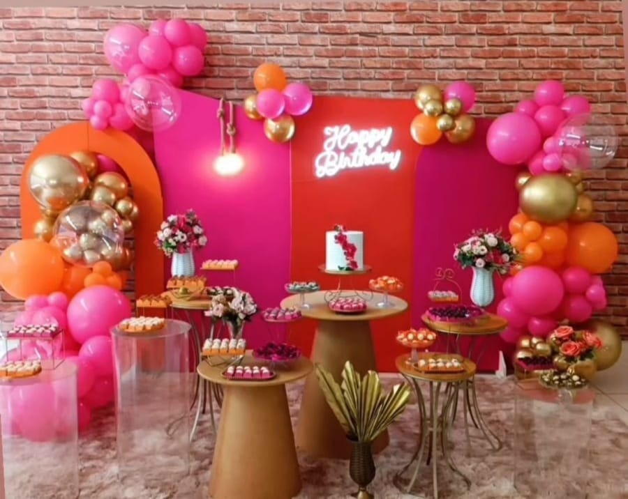 Decoração Rosa Com Laranja E Dourado - PEQUENINO FESTAS