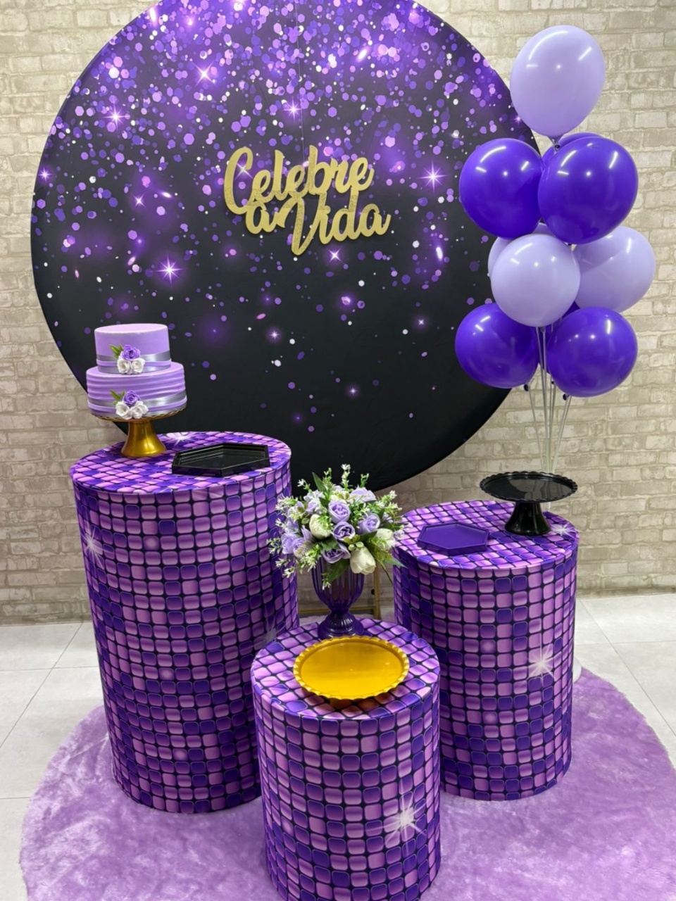 Gliter Lilás Com Preto Kit Prata (Com Suporte de Balão) - Iara Maria Arruda da Silva
