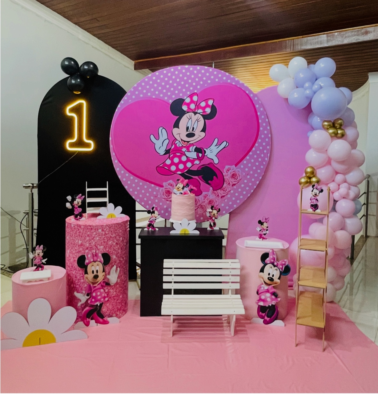 Minnie Rosa Glitter Ref 11 - Kit Triplo M Com Banquinho E Led - Pegue E Monte - Pallacius Festas