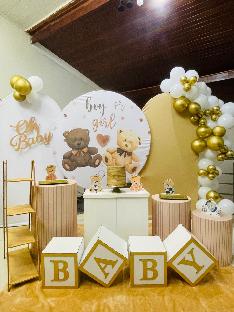 Chá Revelação Boy Ou Girl Bege E Branco - Kit G3 - Pegue E Monte - Pallacius Festas