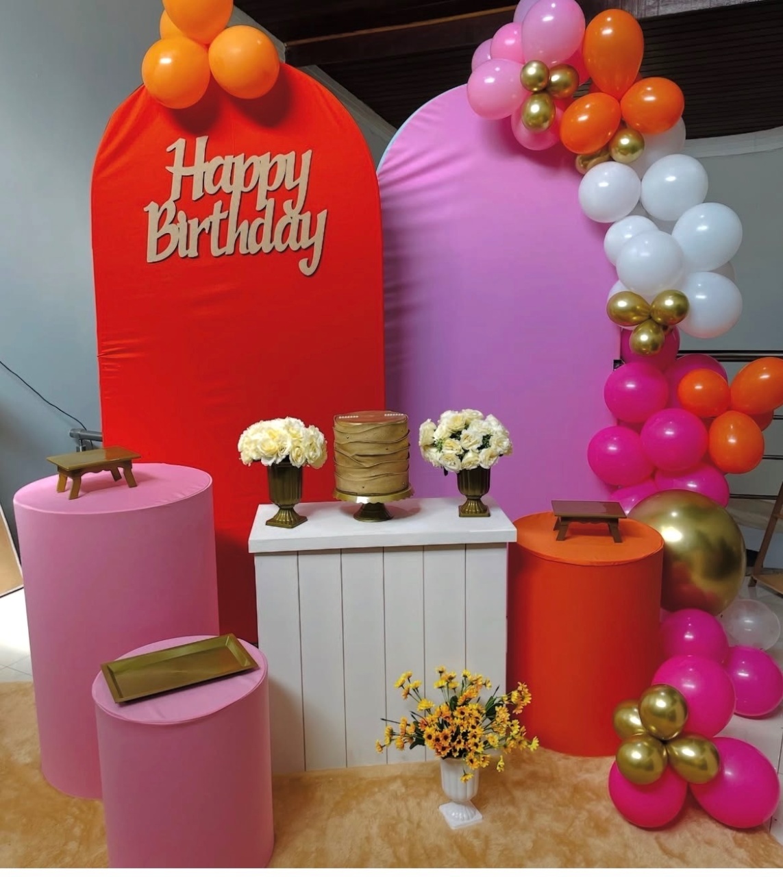 Kit G Happy Birthday Laranja E Rosa Bebe - Pallacius Festas