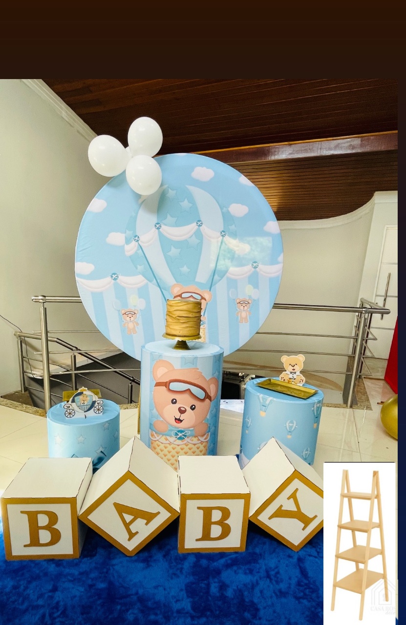 Ursinho Baloeiro Azul Chá de Bebê Kit P1 Com Escadinha - Pallacius Festas