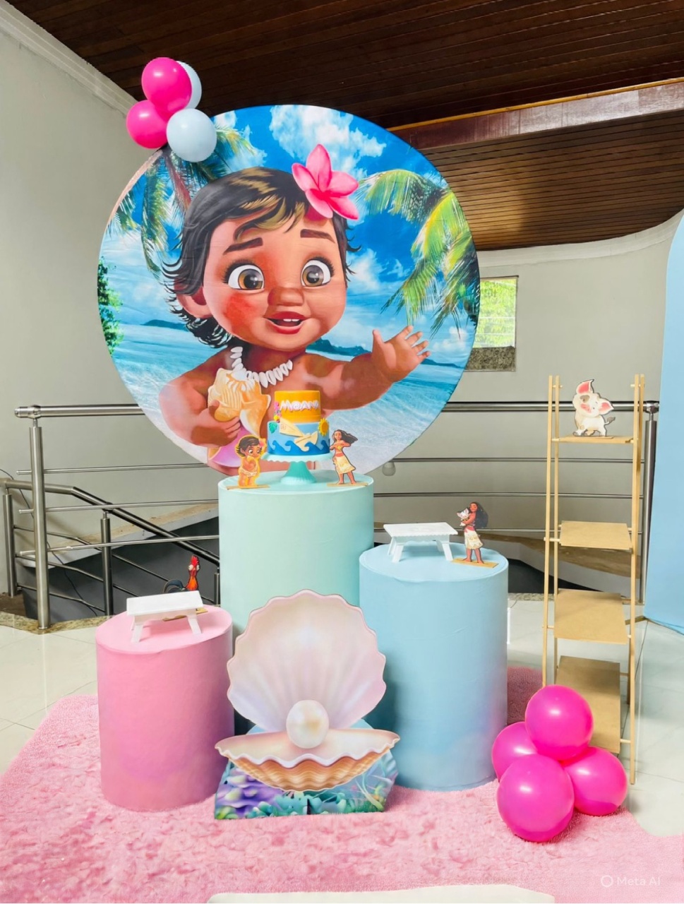 Moana Baby Fundo Do Mar Rosa - Pegue E Monte Kit P1 Com Escadinha  - Pallacius Festas