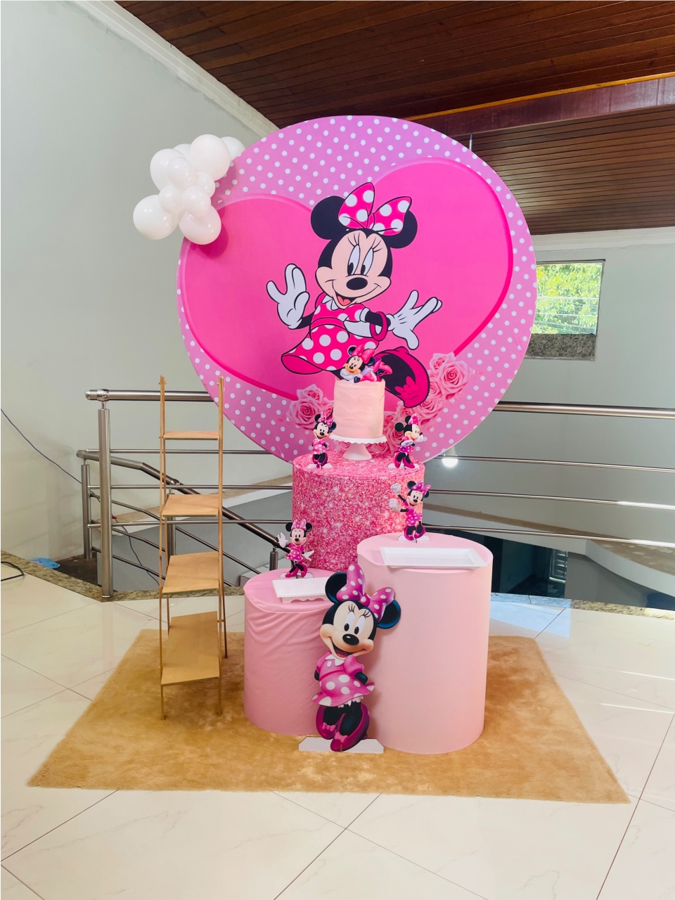 Minnie Rosa Glitter Ref 10 - Kit P1 Com Escadinha - Pegue E Monte - Pallacius Festas
