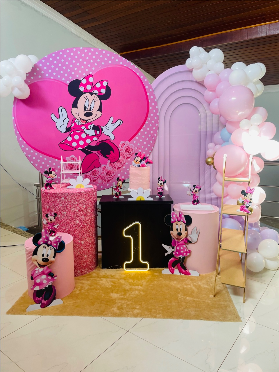 Minnie Rosa Glitter Ref 10 - Kit G1 Com Led - Pegue E Monte - Pallacius Festas