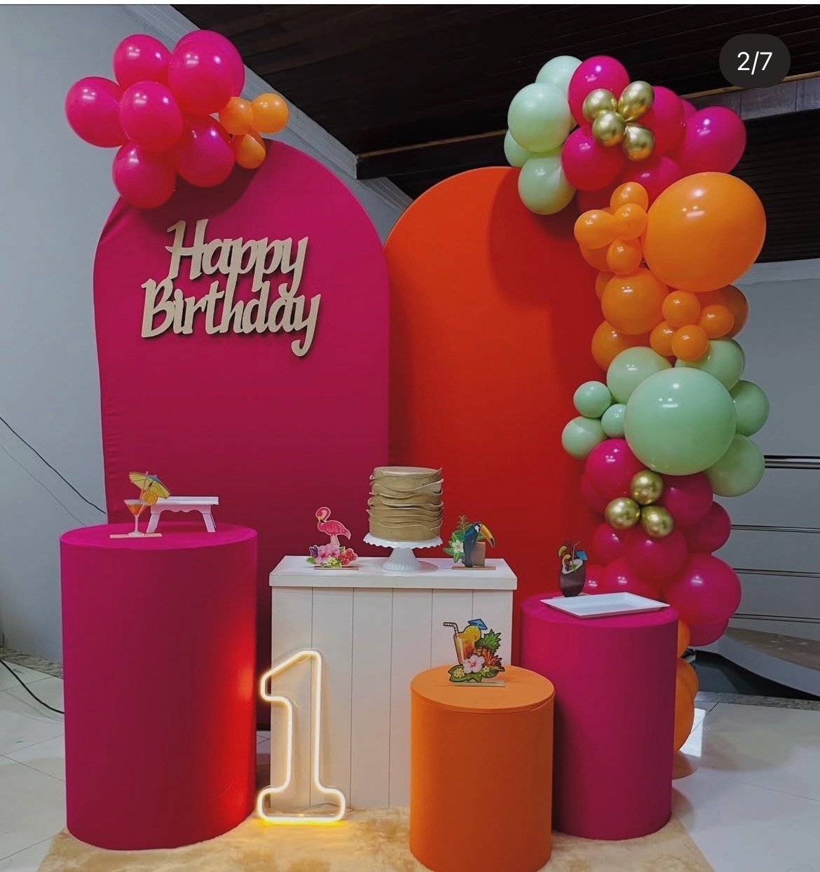 Kit G1 (Led) Happy Birthday Tropical Laranja E Pink - Pallacius Festas