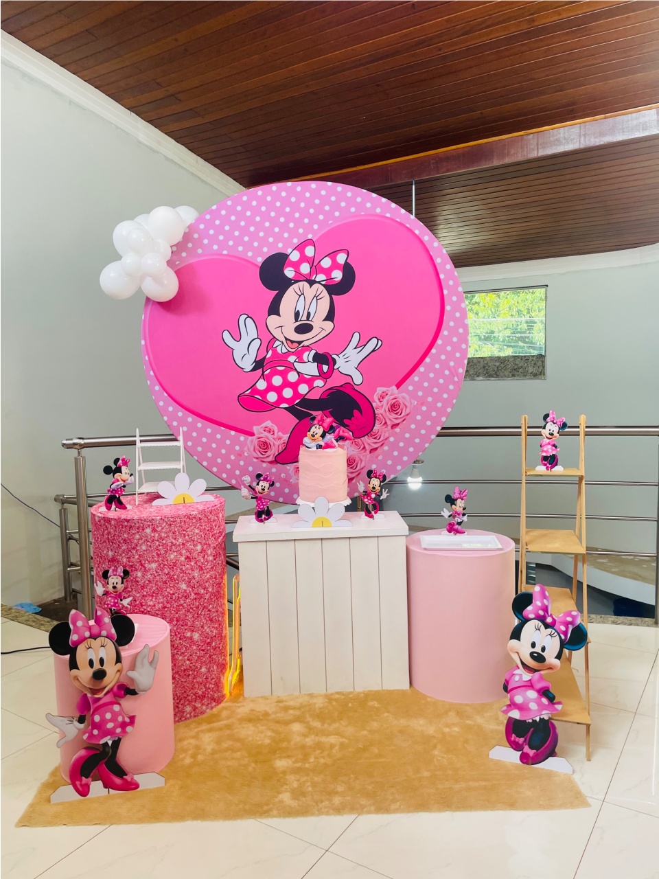 Minnie Rosa Glitter Ref 12 - Kit M1 Com Escadinha - Pegue E Monte - Pallacius Festas