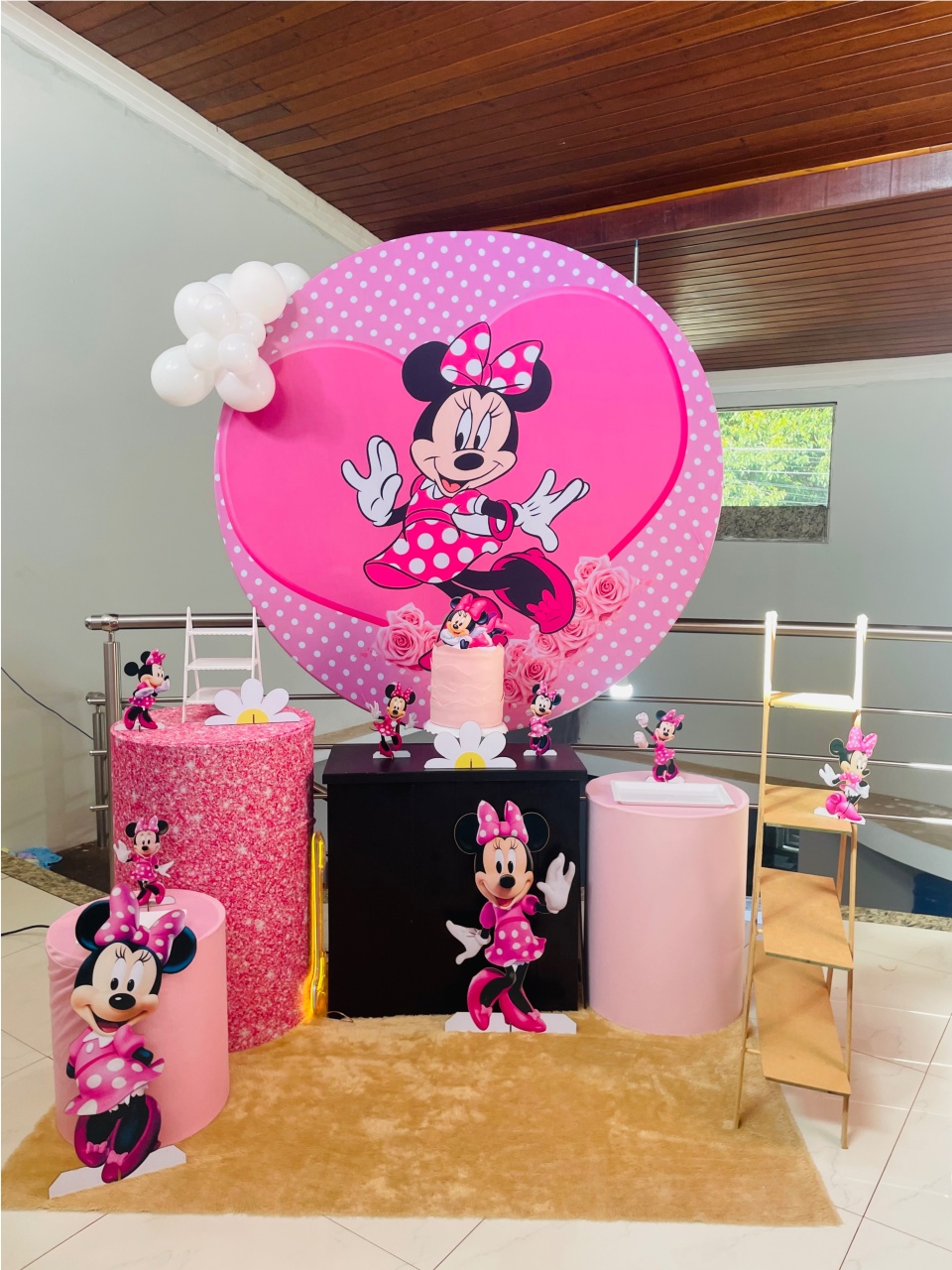 Minnie Rosa Glitter Ref 10 - Kit M1 Com Escadinha - Pegue E Monte - Pallacius Festas