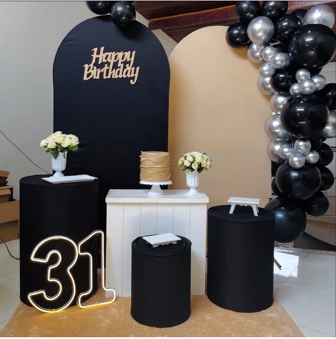 Kit G1 Happy Birthday Preto E Bege (Led) - Pallacius Festas