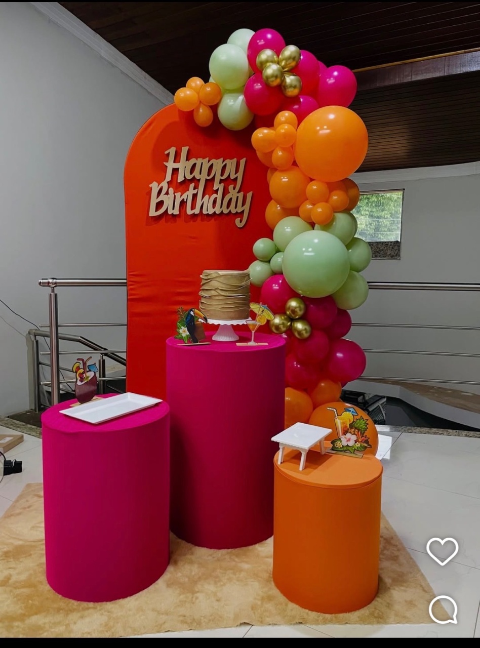 Kit P Happy Birthday Tropical Laranja E Pink - Pallacius Festas