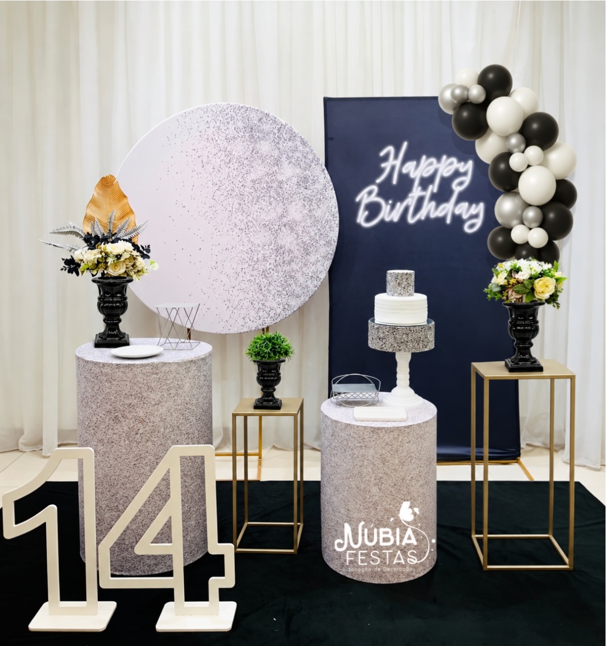 Preto Happy Birthday E Prata Com Glitter - NUBIA FESTAS