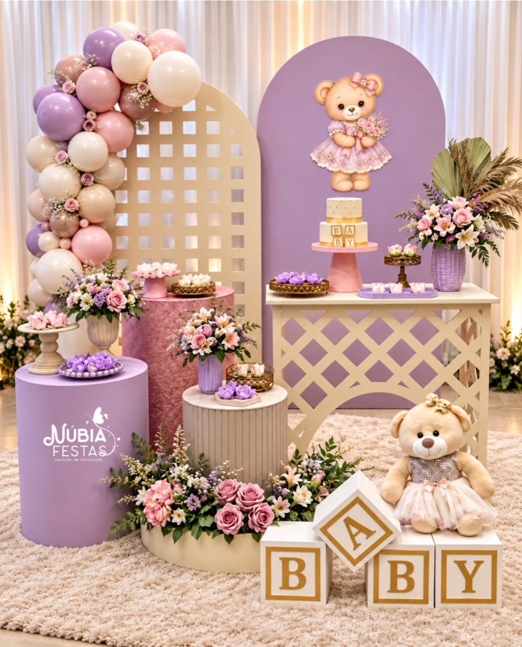 Cha de Bebe Rosa E Lilas Ursos - NUBIA FESTAS