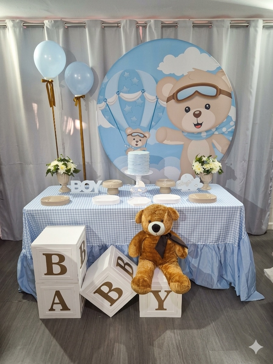 Chá de Bebê Ursinho Baloeiro Mesa Babado - Mb festas & decorações