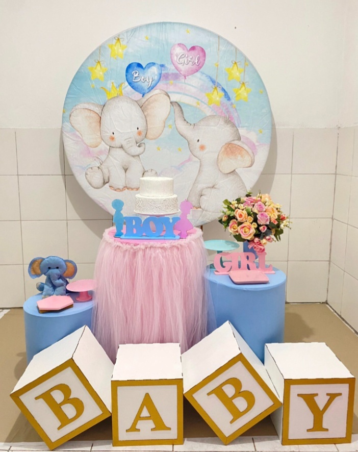Elefantinhos Chá Revelação Kit Prata + Cubos Baby - Artes e Encantos locações