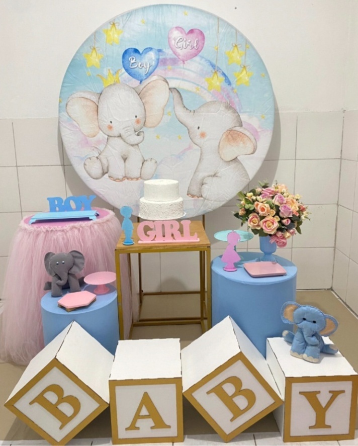 Elefantinhos Chá Revelação Kit Ouro + Cubos Baby - Artes e Encantos locações