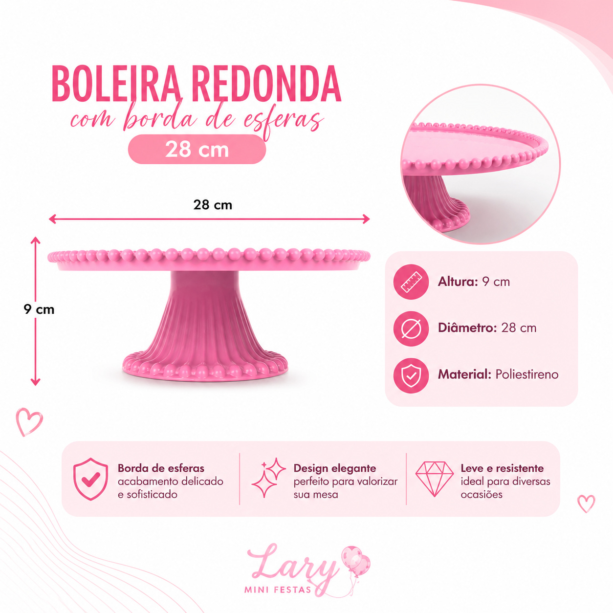Boleira Redonda Rosa Com Borda de Esferas - LARYMINIFESTAS