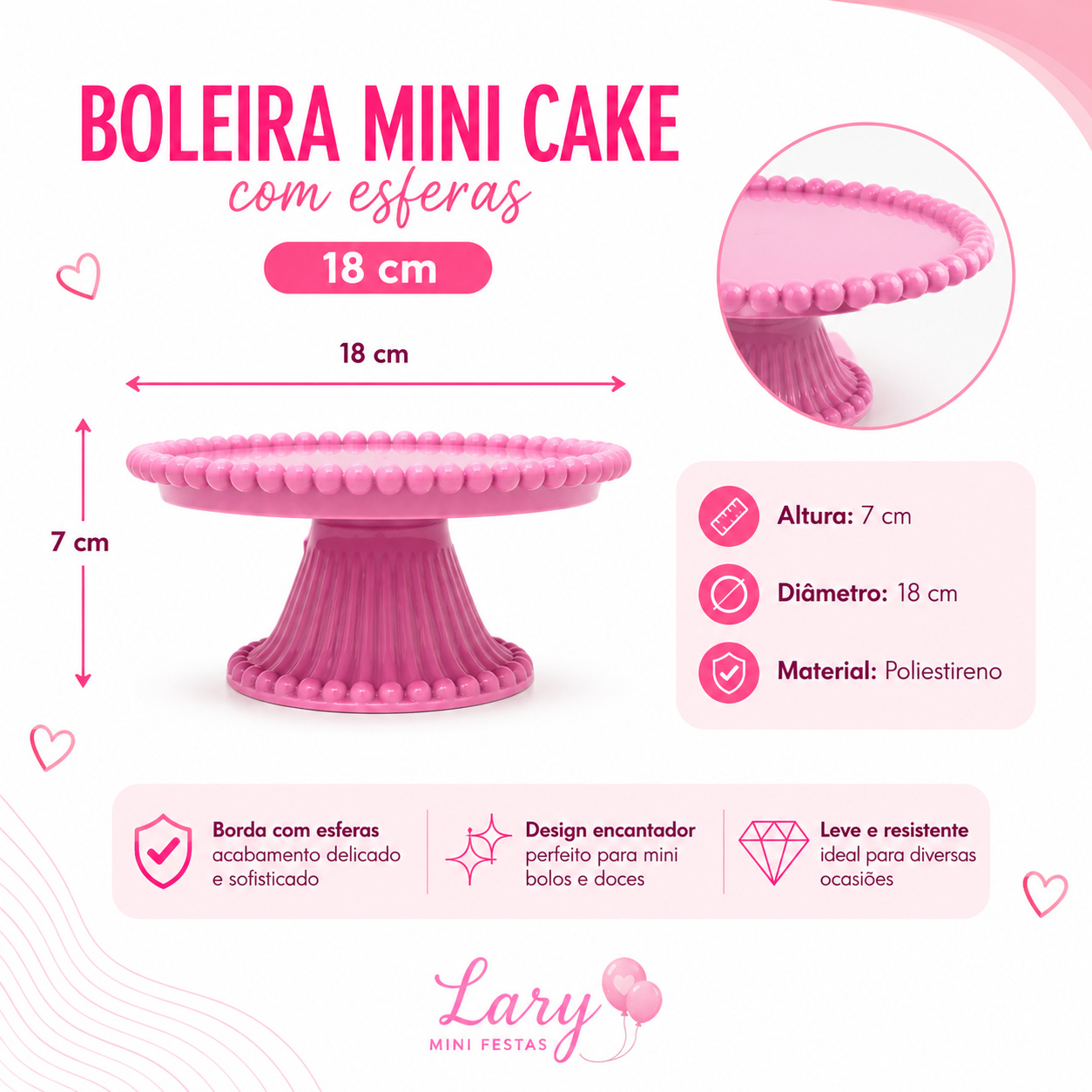 Boleira Mini Cake Rosa Com Borda de Esferas - LARYMINIFESTAS
