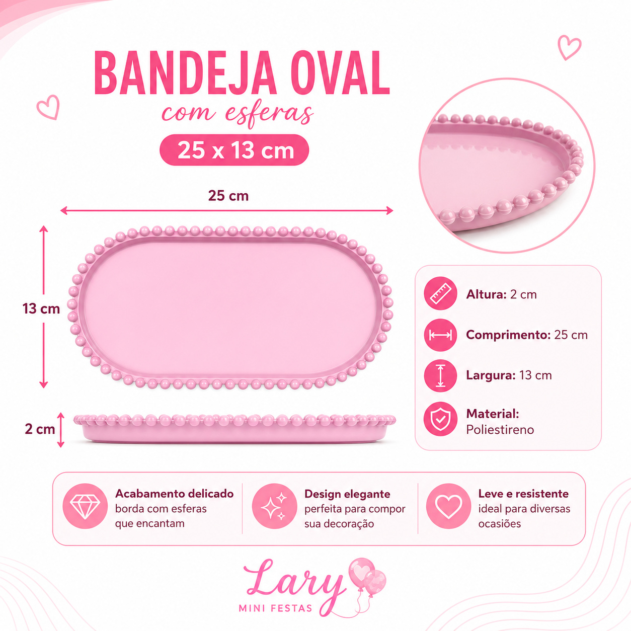 Bandeja Oval Rosa Com Borda de Esferas - LARYMINIFESTAS
