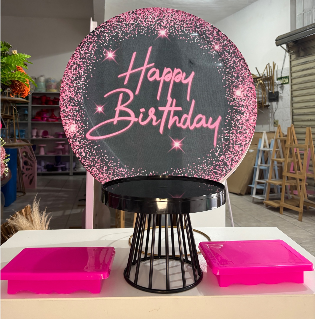 Decoração de Mesa Happy Birthday Pink E Preto  - Antonella Decorações