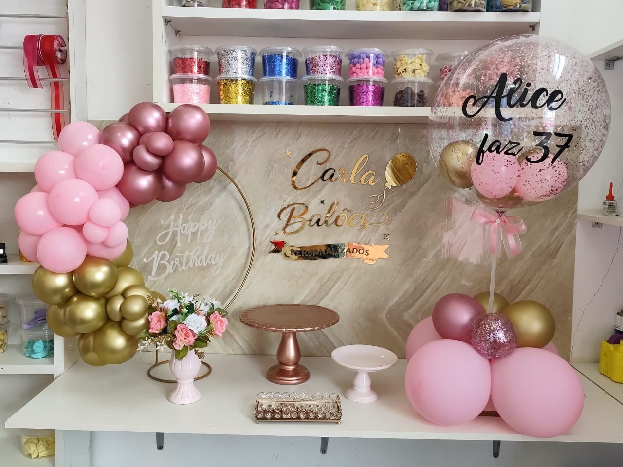 Kit Adulto Rosa E Rose Gold Com Balão Personalizado - Carla Decor