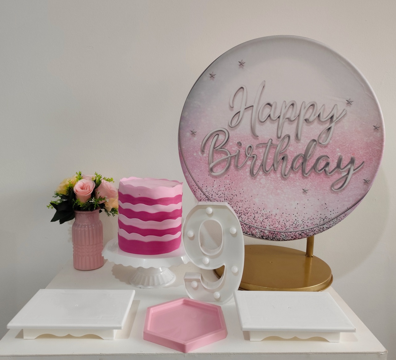 Mini Kit Happy Birthday Prata E Rosa - Raio de Sol