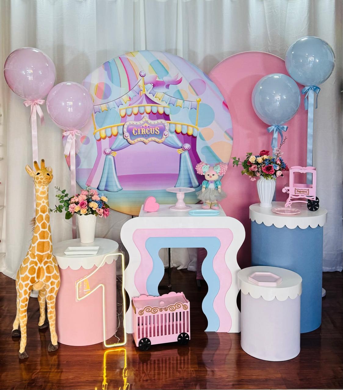 Kit Circo Rosa Com Mesa Camada Cilindro de Babado - Comemore com encanto