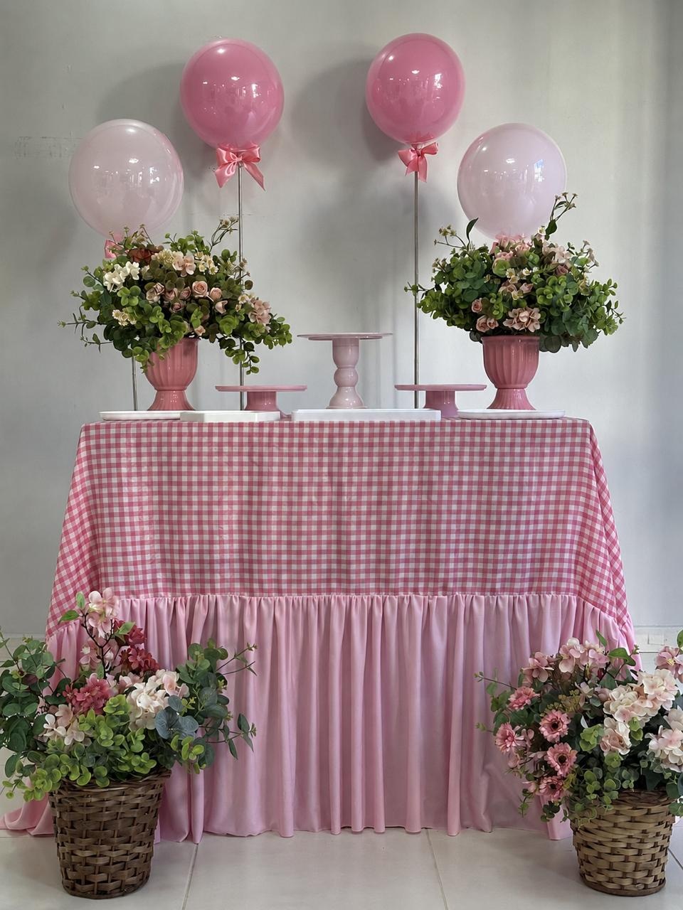 Kit Toalha Xadrez Rosa Com Balão Bubble Vareta - Comemore com encanto