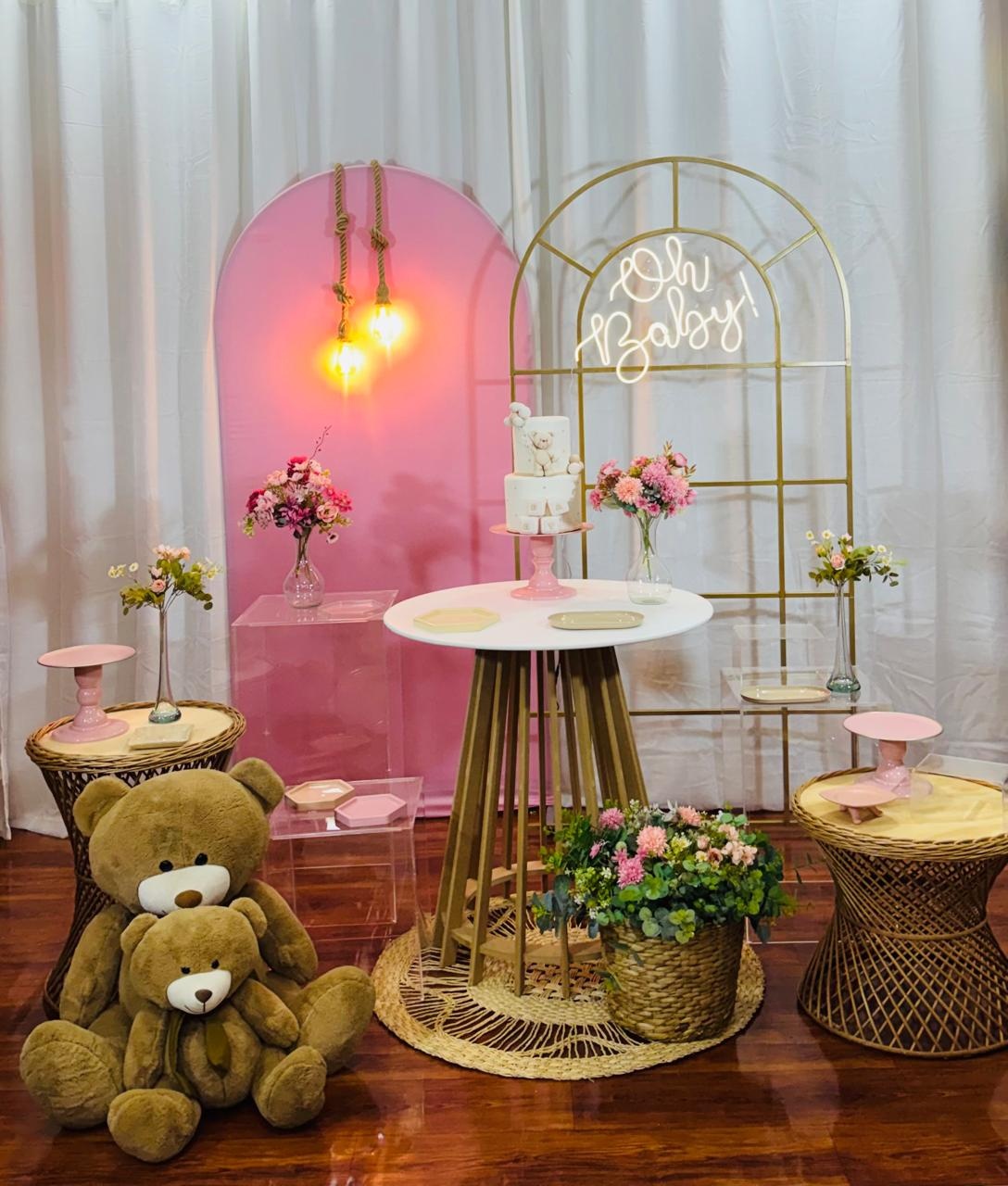 Kit Cha de Bebe Rosa Vime Painel Janela - Comemore com encanto