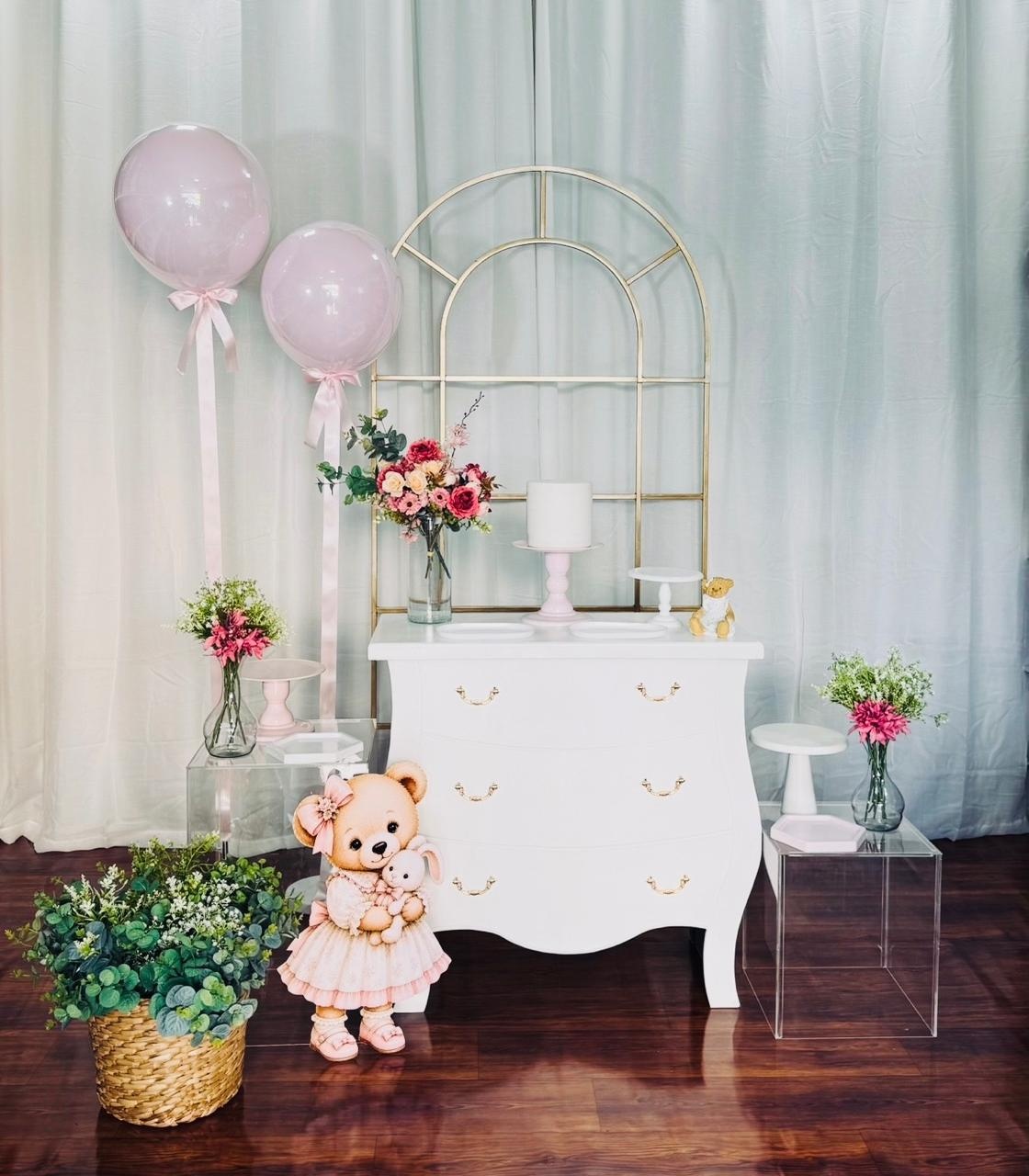 Kit Comoda Chá de Menina Com Balão Bubble Vareta Com Acrilico - Comemore com encanto