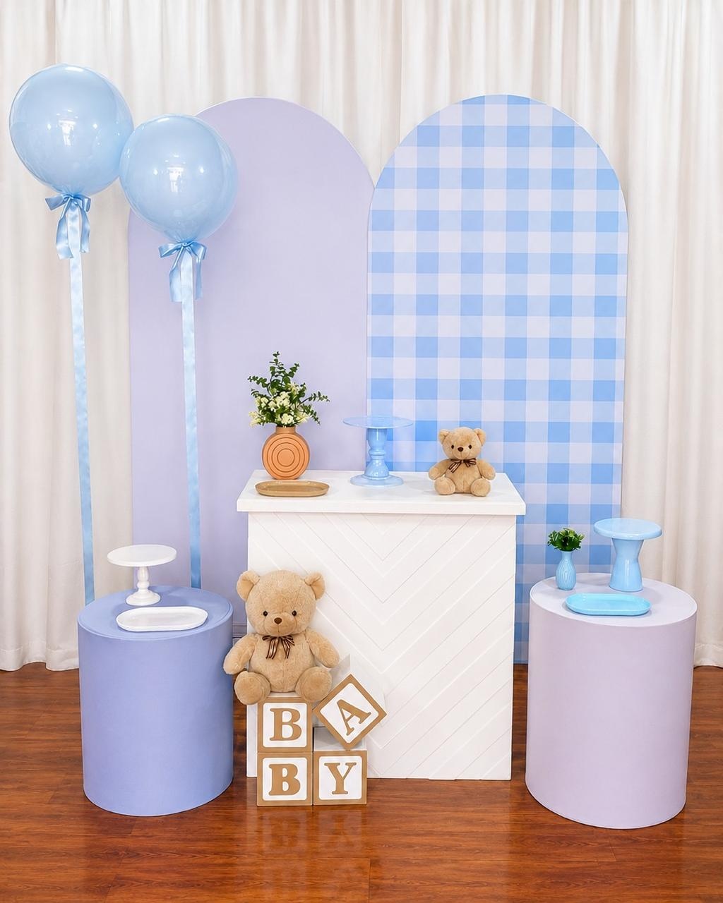 1 Kit Cha de Bebê Azul Xadrez Com Ursinho Nude E Balao - Comemore com encanto