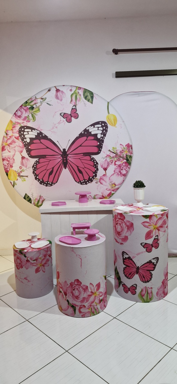 Kit Borboletas Rosa C/ Mesa E 3 Cilindros - Marisa Festas Descartáveis e Cia 