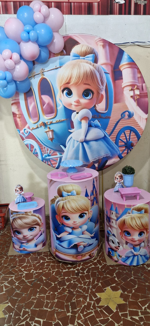 Kit Cilindros E Painel Redondo Cinderela Cuty C/ Bolas - Marisa Festas Descartáveis e Cia 