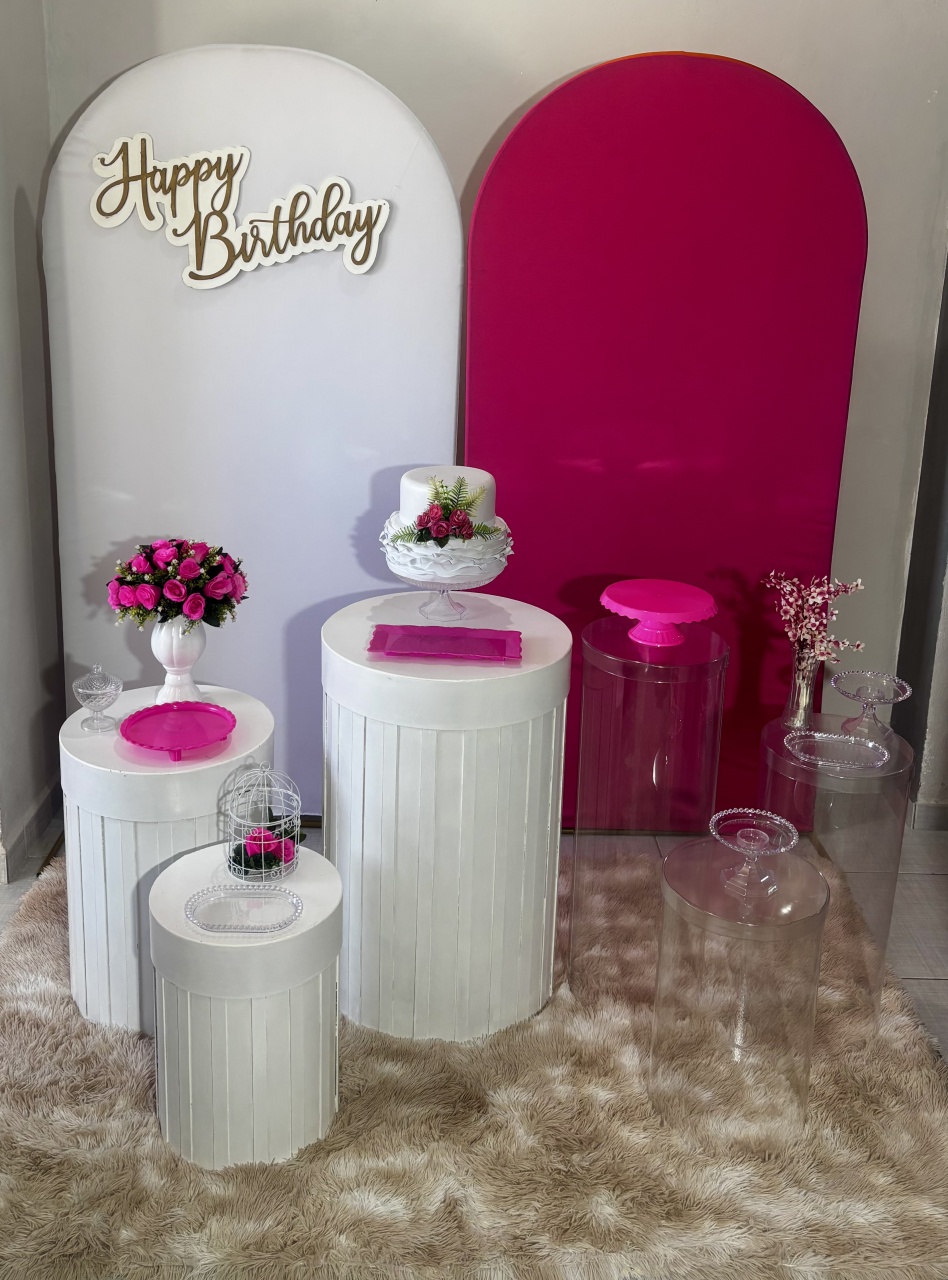 Romano Duplo Branco E Pink / Cilindros Acrílicos 01 - Shalom Festas Pegue e Monte 