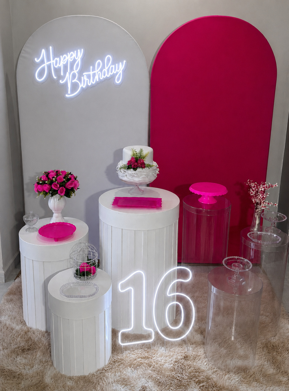 Romano Duplo Branco E Pink / Cilindros Acrílicos 02 - Shalom Festas Pegue e Monte 