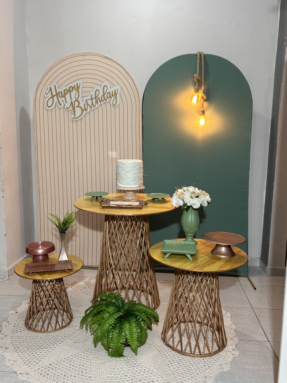 Romano Duplo Trio Mesa Vime Bege E Verde - Shalom Festas Pegue e Monte 