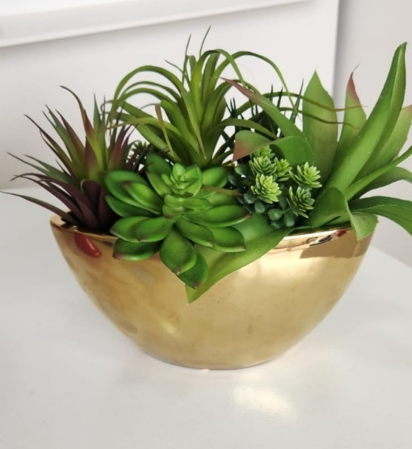 Vaso Baixo Com Suculentas Dourado - Encante festas e locações