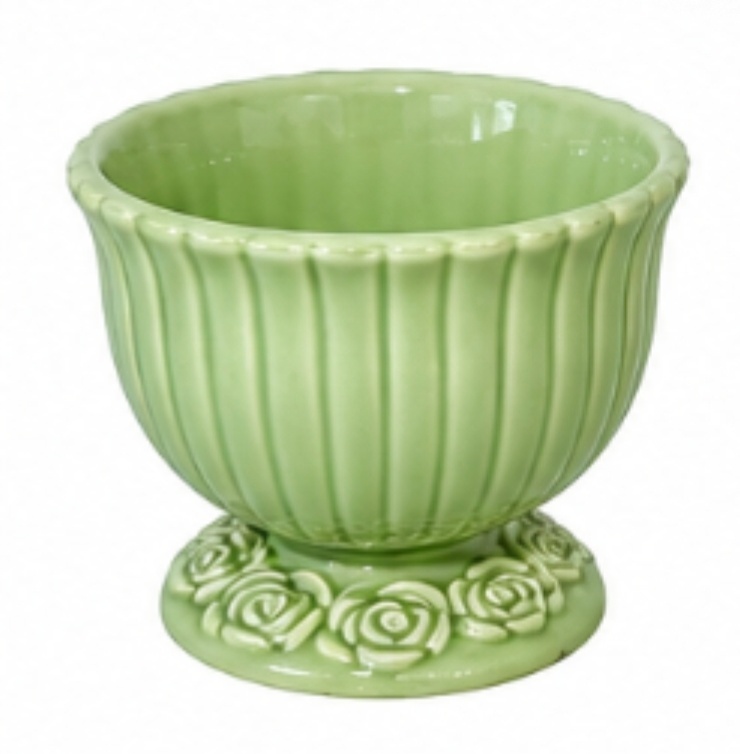 Cachepot Ceramica Listrado Pé Com Rosas Verde Menta - Jardim de Sonhos