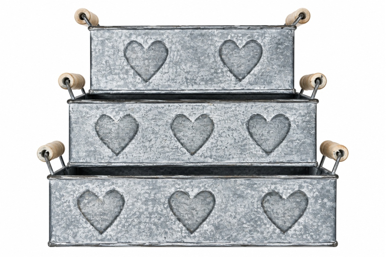 Trio Bandejas Galvanizadas Metal Coração - Jardim de Sonhos