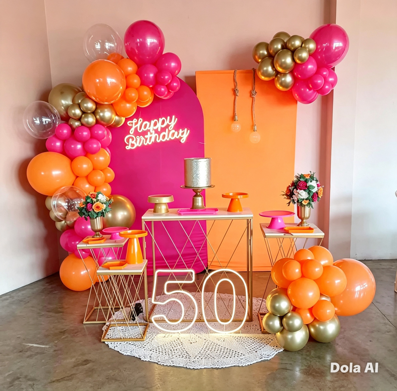 Decoração Laranja Com Dourado 50 Anos - BELLA FESTA TOP