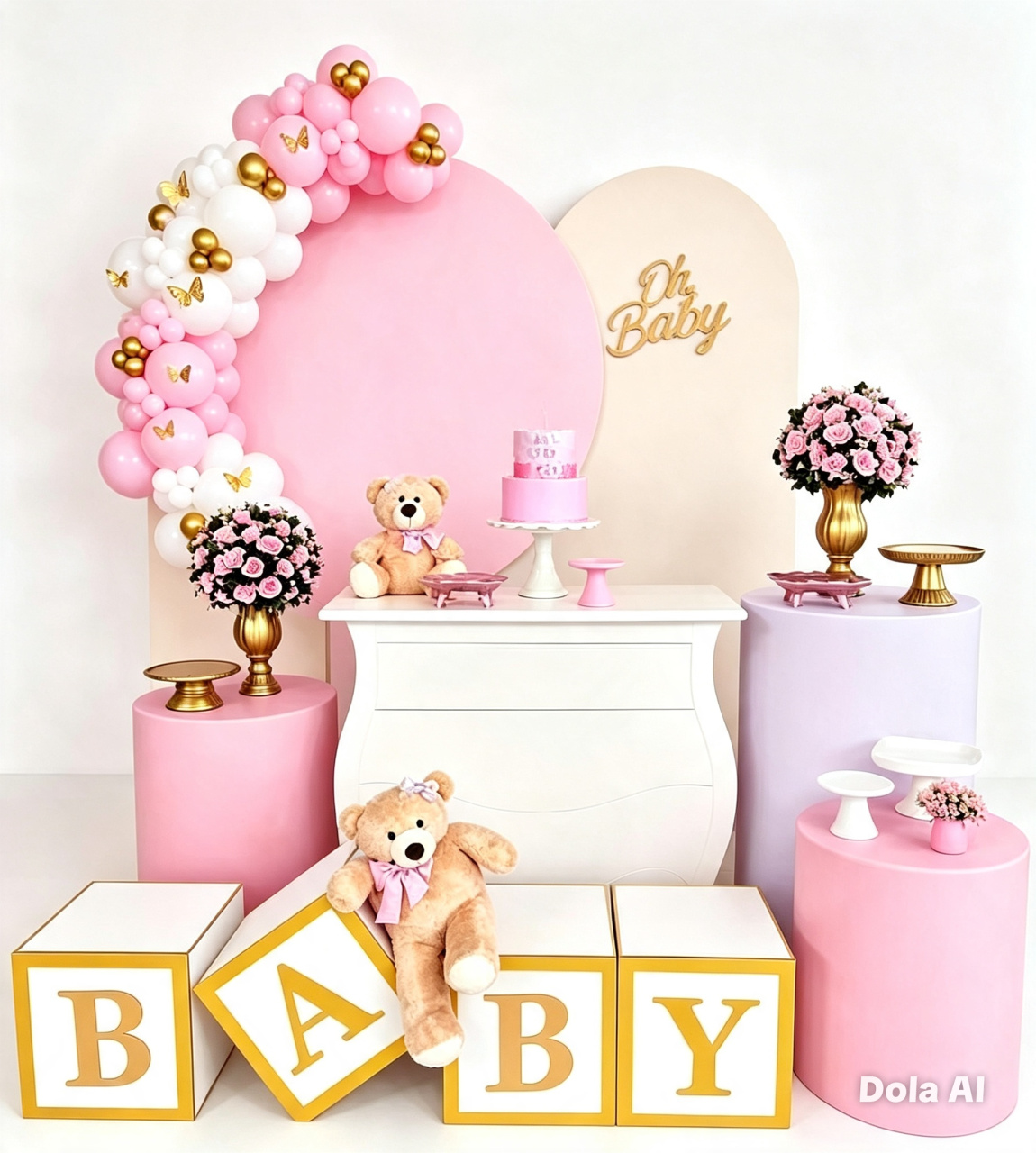Chá de Bebê Rosa Bebê Com Branco Sem Balões - BELLA FESTA TOP