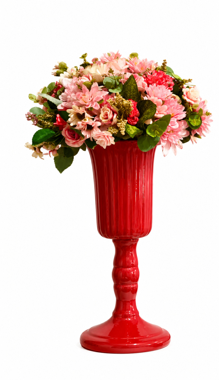 Vaso Alto G Vermelho Com Flores - Lok Festas.BA