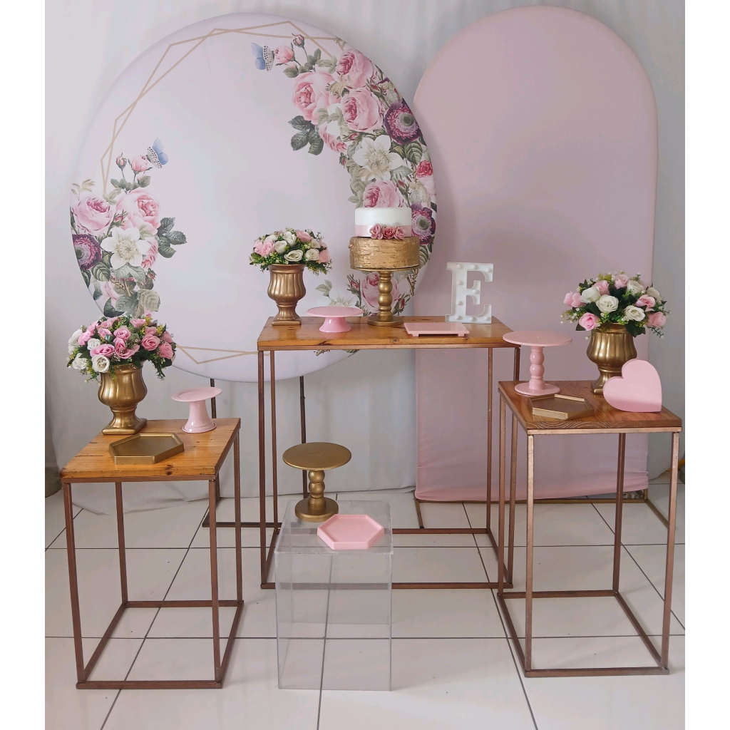 Floral Rosa E Dourado Mesas de Ferro E Cubo Acrilico Kit41613 - Rocha Decorações