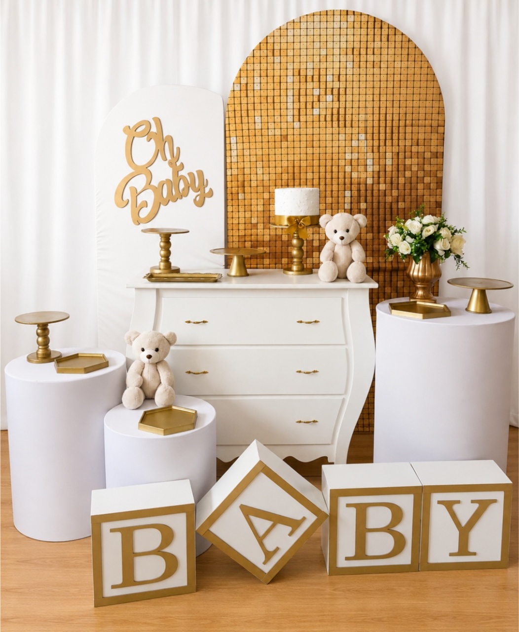 Dourado E Branco Cha de Bebe E Revelação Composição K-4303 - Rocha Decorações Pegue e Monte Itatiba