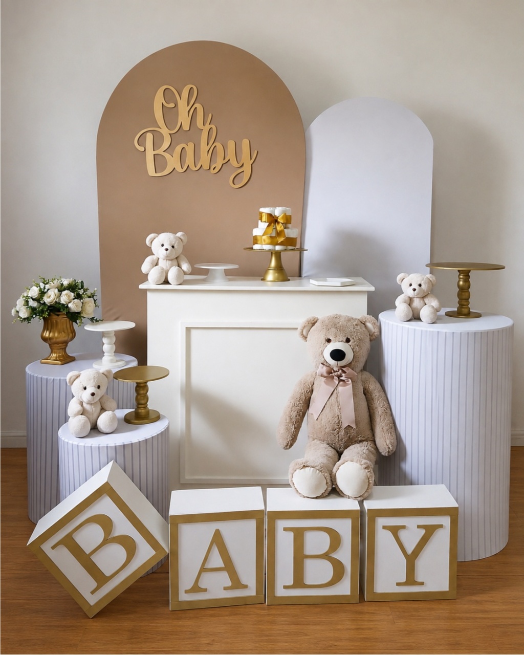 Cha de Bebe E Revelação Branco E Bege Composição K9160 - Rocha Decorações Pegue e Monte Itatiba