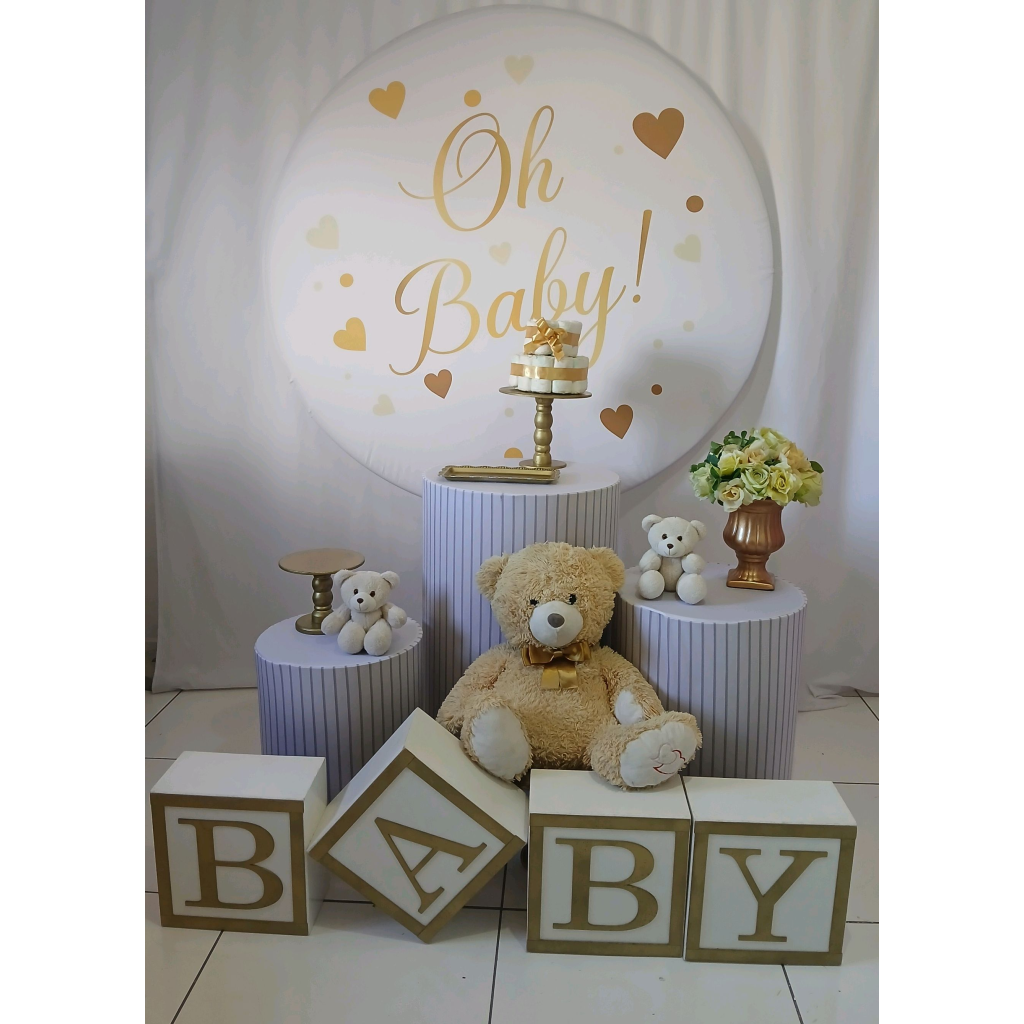 Oh Baby Revelação Cha de Beba Branco E Dourado Composição - Rocha Decorações
