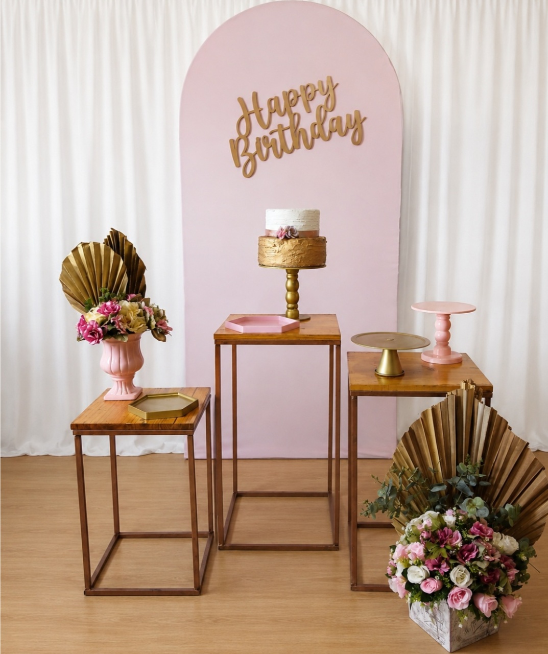 Happy Birthday Rosa E Dourado Composição - Rocha Decorações Pegue e Monte Itatiba