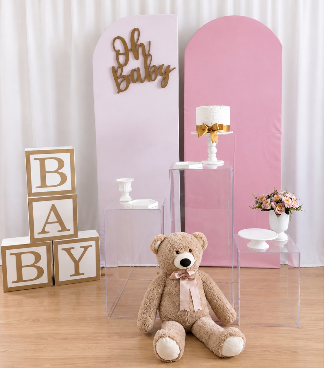 Cha de Bebe Menina Rosa E Branco Composição K-9113 - Rocha Decorações Pegue e Monte Itatiba