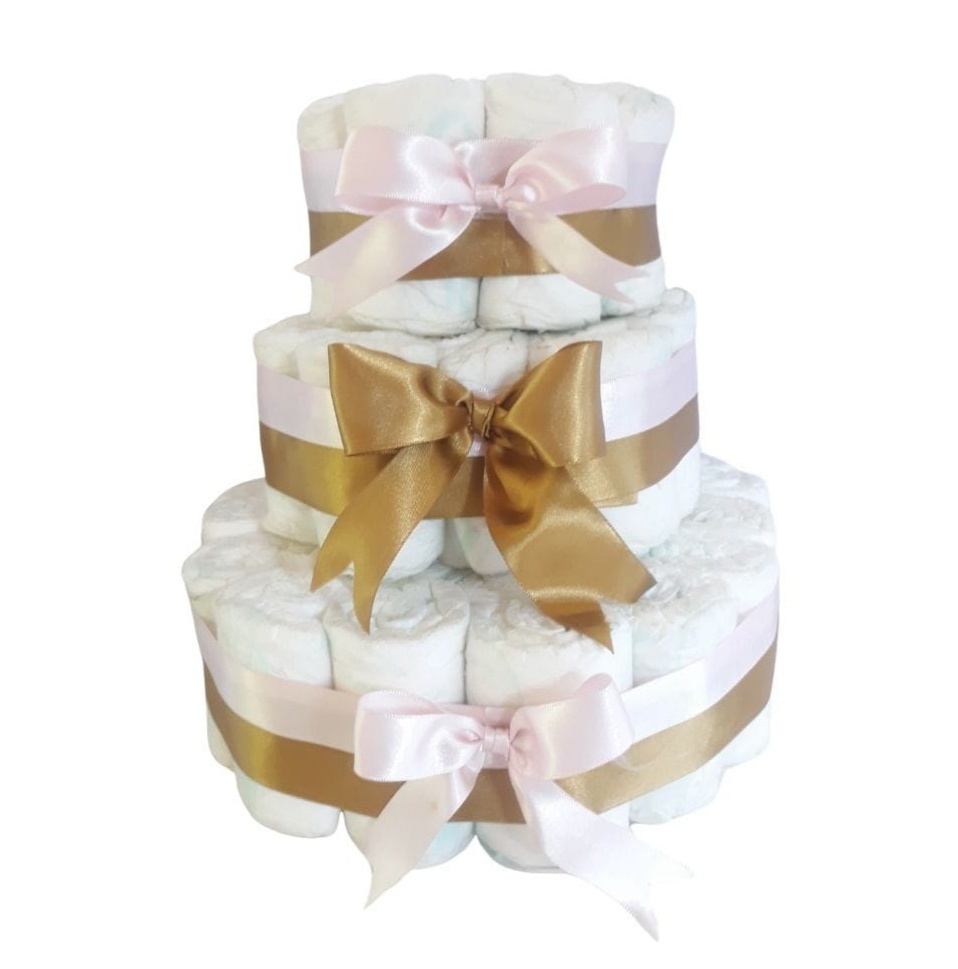 Bolo de Fralda 3 Andares Com Laços E Fita Dourado E Rosa - Rocha Decorações Pegue e Monte Itatiba