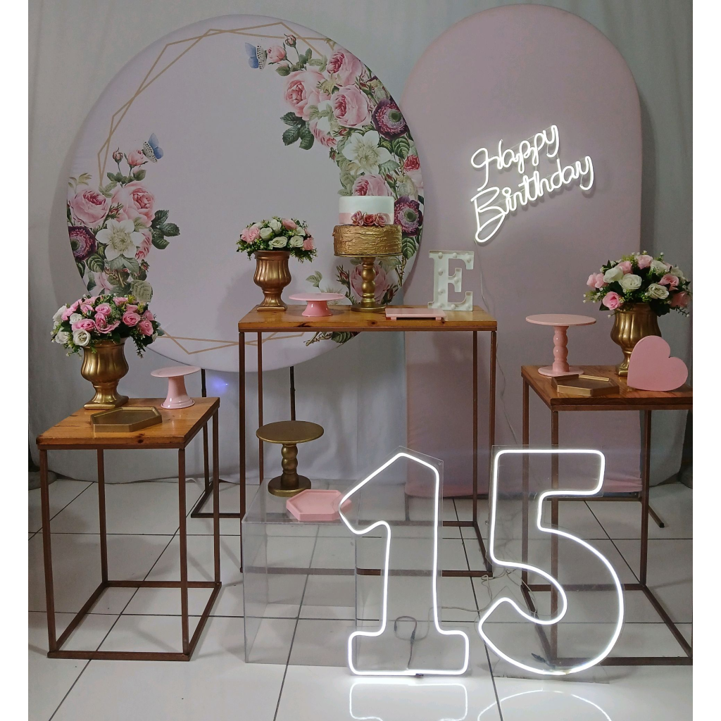 Floral Rosa E Dourado Mesas de Ferro E Cubo Acrilico E Leds Inclusa Kit41614 - Rocha Decorações